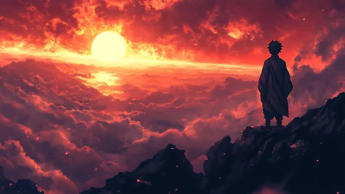 Solitary figure above red cloudscape at low sun altitude.