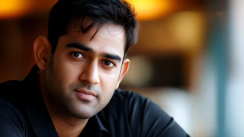 Thoughtful man in soft bokeh light, warm cinematic portrait