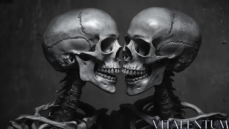 Two skeleton lovers share a tender, timeless kiss in gray.