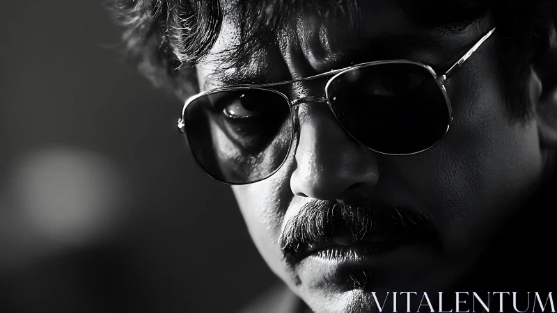 Intense male portrait captures hard light on reflective shades