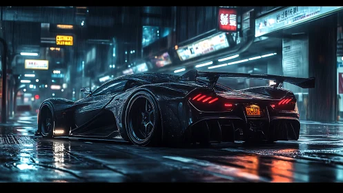 Midnight hypercar cuts neon rain through empty city streets.