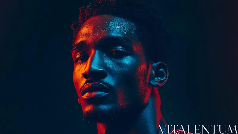 Moody portrait under blue and red dramatic lighting.