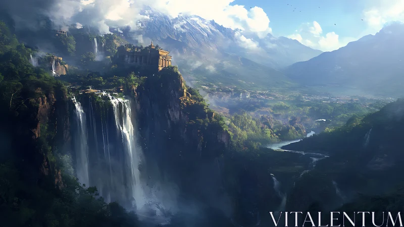 Mountain plateau fortress overlooking tiered waterfalls valley.