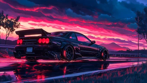 Modified black coupe on wet highway under vivid sunset sky.