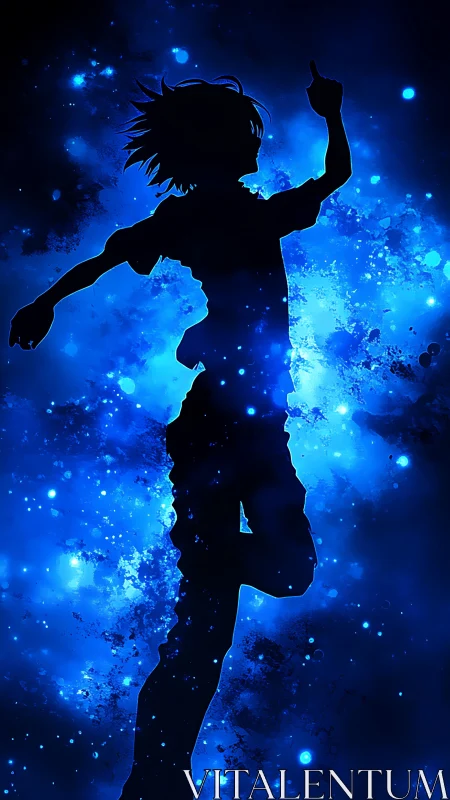 Silhouetted runner emerging through glowing cosmic blue field.
