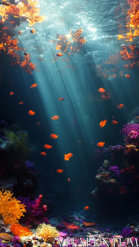 Sunlit coral canyon hosts vibrant orange reef fish.