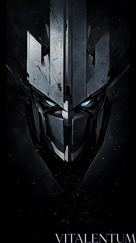 Angular mech helm with luminous eyes in deep negative space.