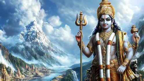 Hindu deity with trident before snowy mountainscape.