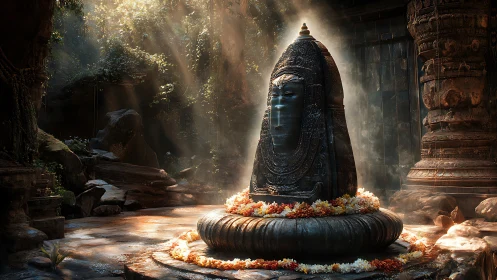 Stone lingam monument in forest shrine with light shafts.