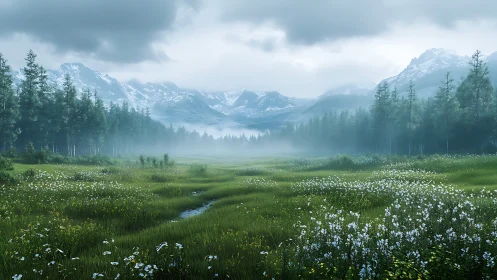 Fog-laden alpine meadow displays layered depth and atmospheric perspective