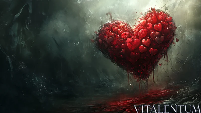 Geometric heart form constructed from smaller heart units floating in atmospheric environment