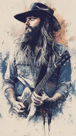 Bearded country guitarist stands in soulful watercolor haze