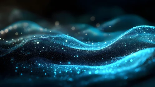 Glowing Blue Particle Waves in Abstract Digital Landscape Art.