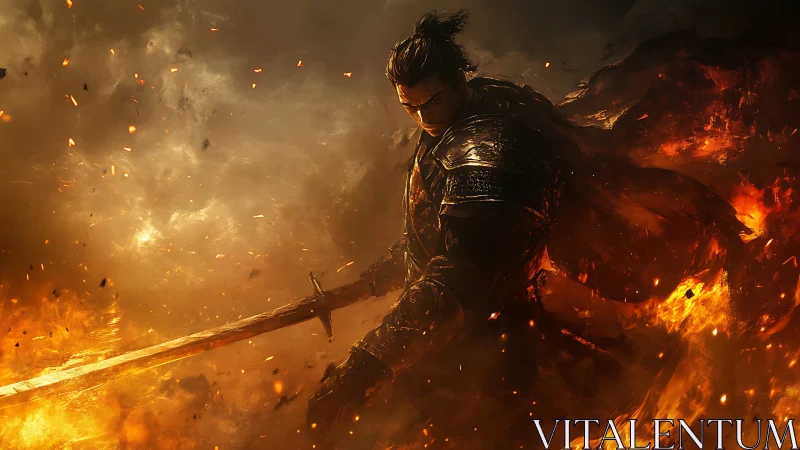 Fiery warrior stands strong as glowing embers swirl around him