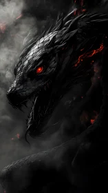 Volumetric-lit obsidian dragon head with ember-lined scales emerges