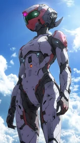 Armored humanoid robot standing against bright blue sky.