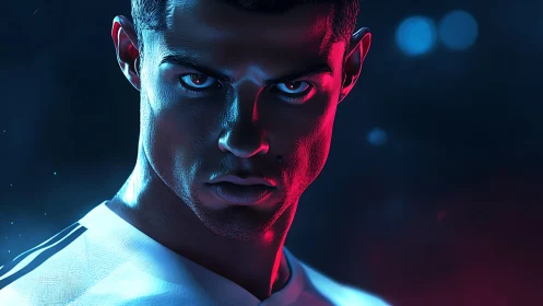 Intense footballer portrait under neon rim lighting glow.