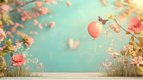 Pink balloon and paper flowers on soft pastel spring field.