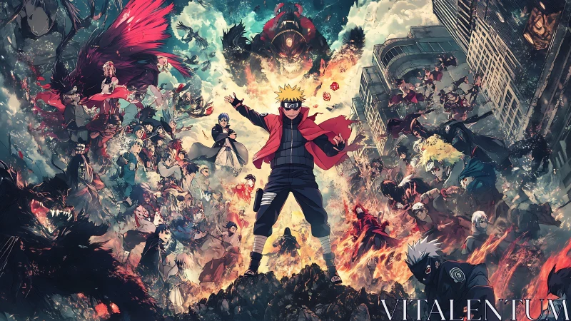 Central anime figure surrounded by numerous combatants.