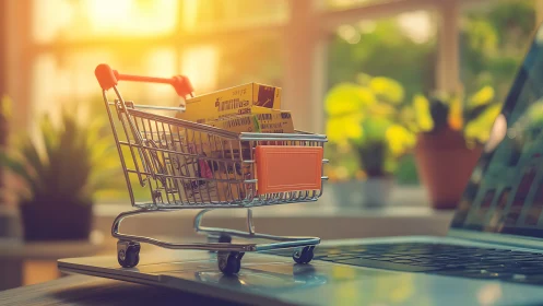 Miniature ecommerce cart on laptop in warm bokeh workspace.