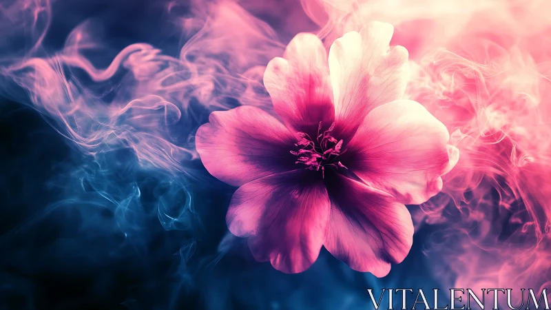 Neon pink flower glowing through swirling blue smoke.