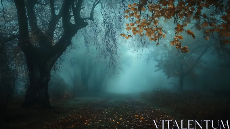 Foggy forest path under autumn trees at dawn.
