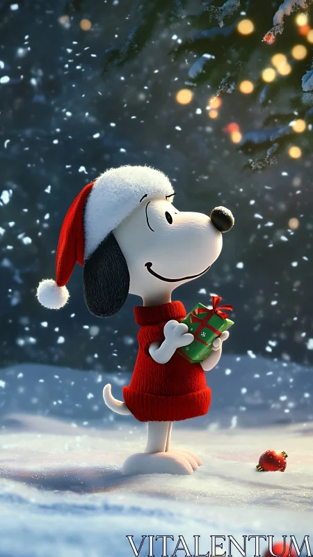 Snowy pup in a Santa hat sharing cozy holiday cheer.