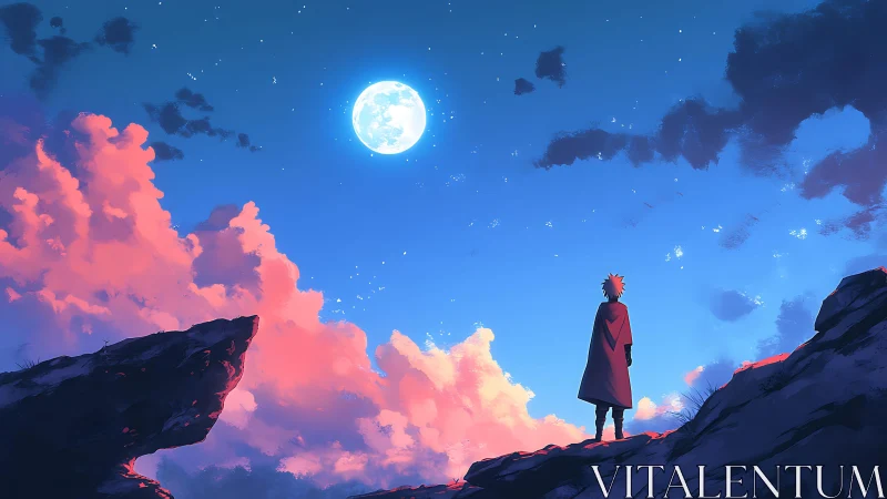 Lone cloaked figure gazing at luminous moonlit skyscape.