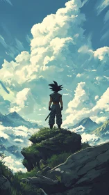 Silhouetted figure stands on mountain ledge below dense clouds