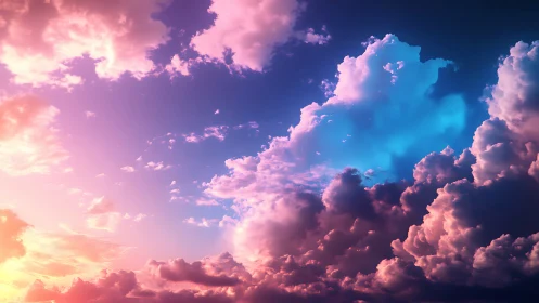 Colorful sunset sky with illuminated pink and blue clouds.