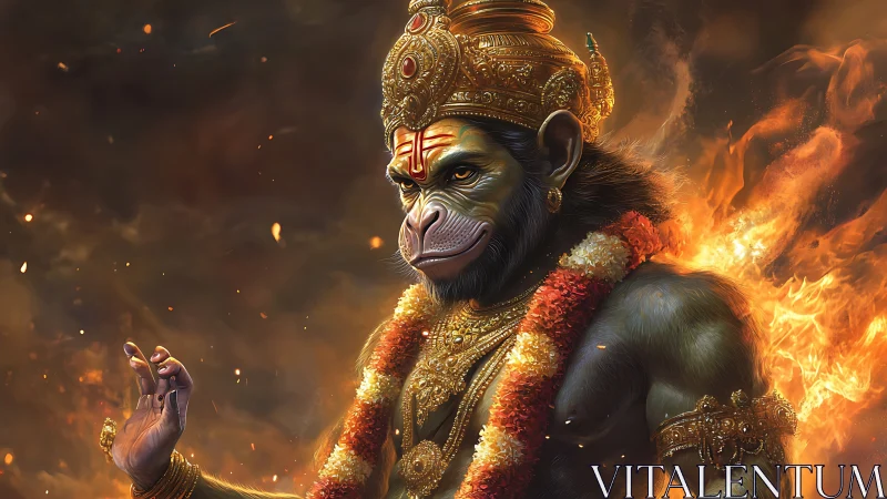 Photorealistic divine simian warrior in fiery ritual aura