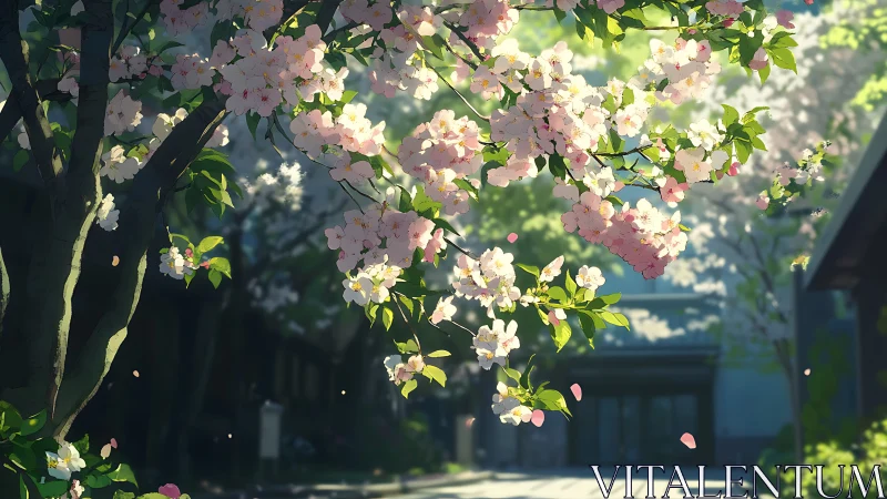 Sunlit cherry blossoms drift gently above a quiet courtyard