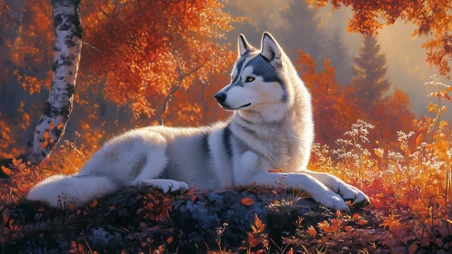 Gentle husky rests calmly in a sunlit autumn forest glade