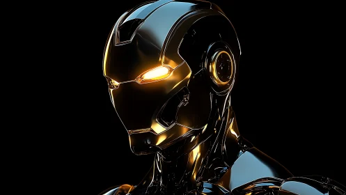 Highly reflective humanoid combat android with gold emissive visor