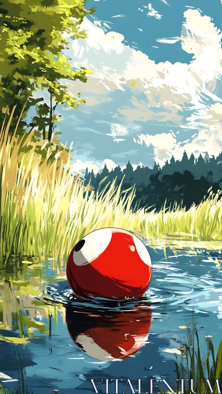 Red cartoon ball floating in quiet lakeside landscape.