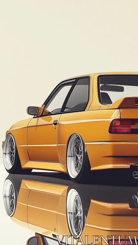 Digital rendering of lowered yellow coupe with mirrored reflection.
