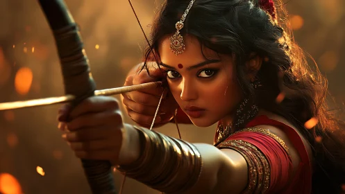 Woman archer draws bowstring with intense direct gaze