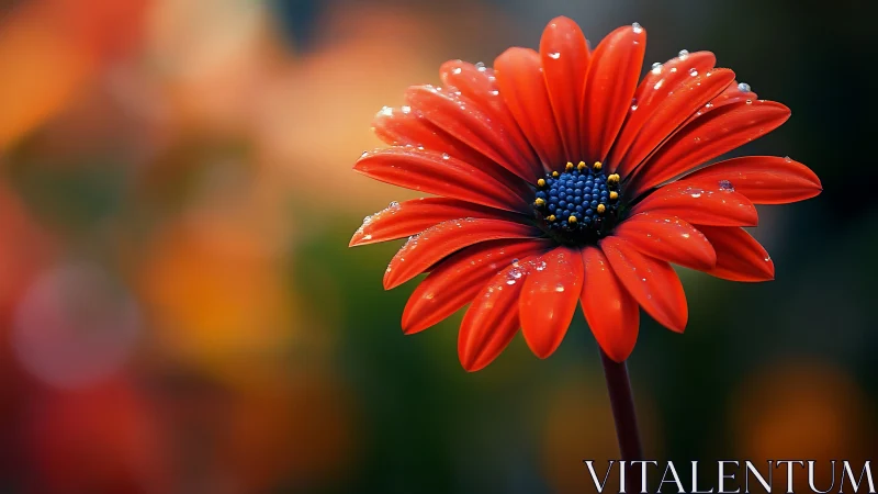 Red daisy macro with dewdrops against soft bokeh background.