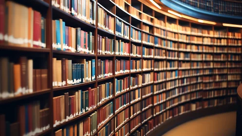 Curved archival library stacks under warm laminar lighting.