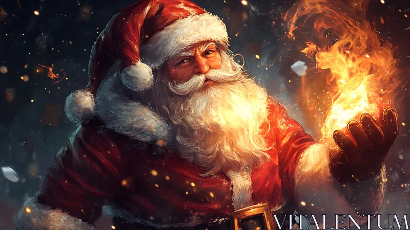 Fiery winter Santa conjuring magical Christmas flames.