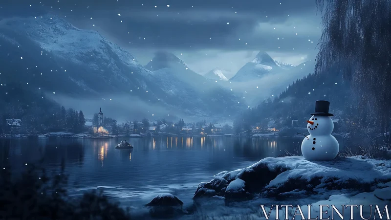Gentle snowman watches over a peaceful winter lakeside village