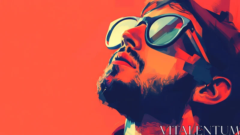 Low-angle neon portrait abstracts a reflective sunglasses gaze