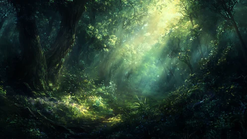 Sunlight Filtering Through an Enchanted Ancient Forest