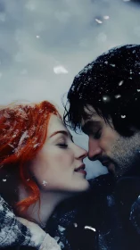 Winter romance: Two figures share intimate moment beneath snowfall