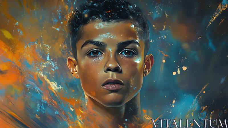 Intense digital portrait of boy amid blue and orange paint