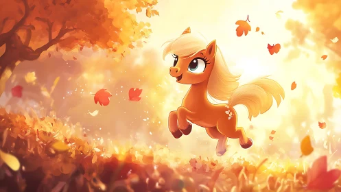 Autumn backlit cartoon foal rendered in warm volumetric light