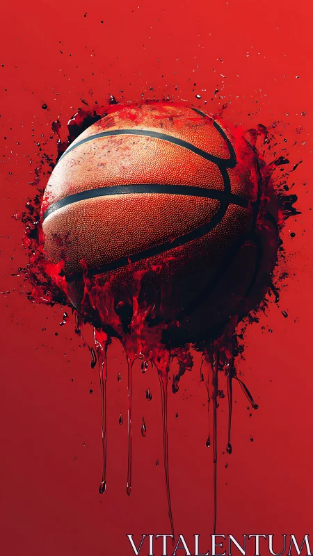 Exploding textured basketball emerges through splashing red liquid