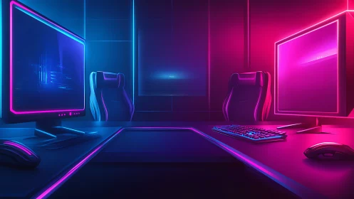 Neon gaming command center glowing with sci fi energy.