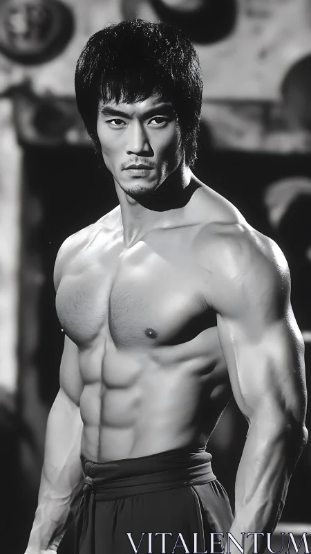 Martial artist stands poised in dramatic monochrome portrait.