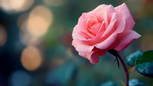 Pink rose glistening with morning dew drops.